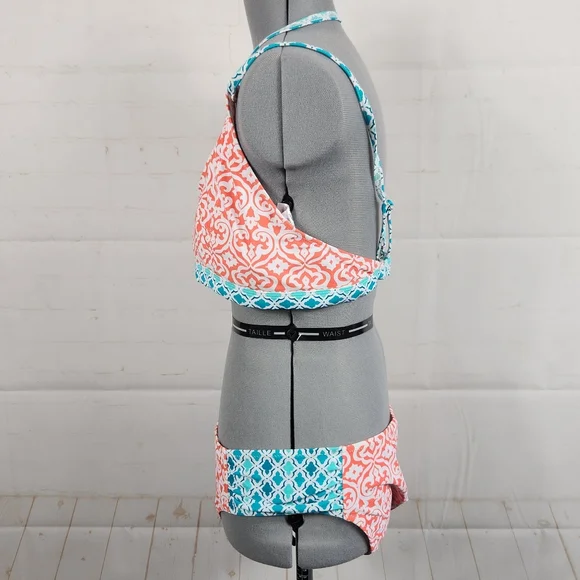 Cabana Life Preppy Beach UPF 50+ Coastal Bikini Set Swim Coral & Turquoise L - Picture 6 of 16